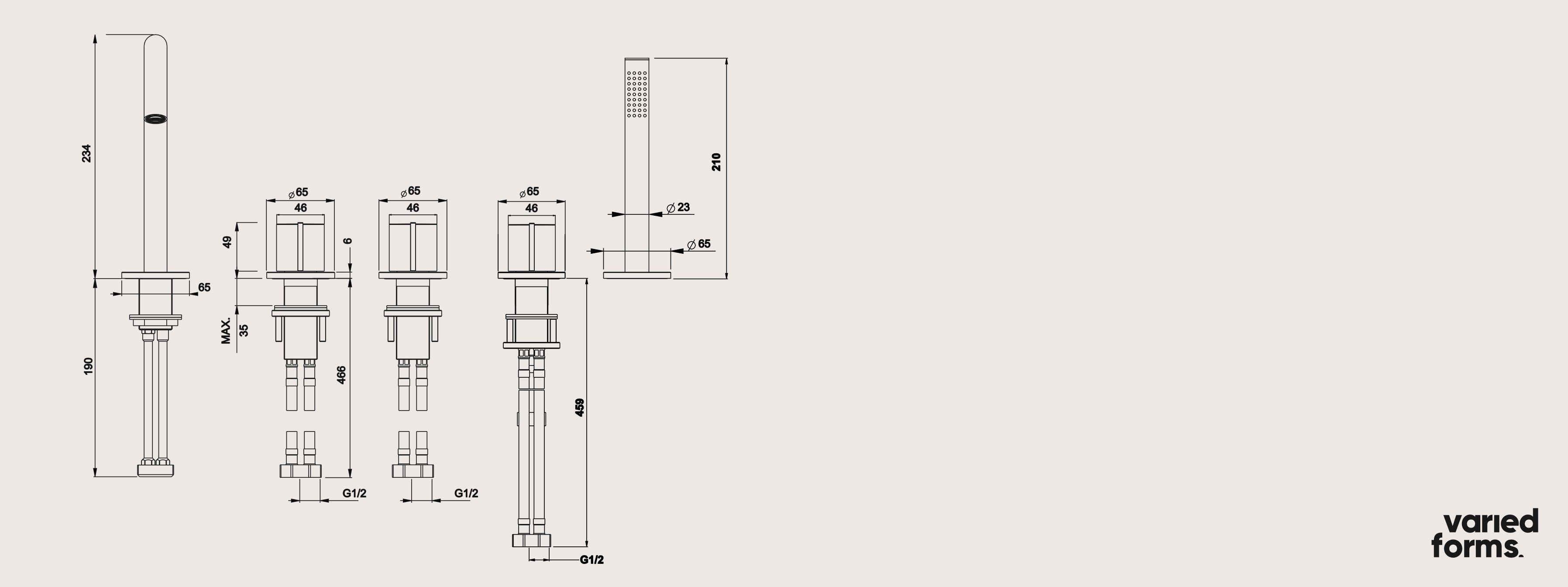 Утопленный набор для ванны с 5 отверстиями и ручным душем Varied Forms Macaron ARCH-00054511