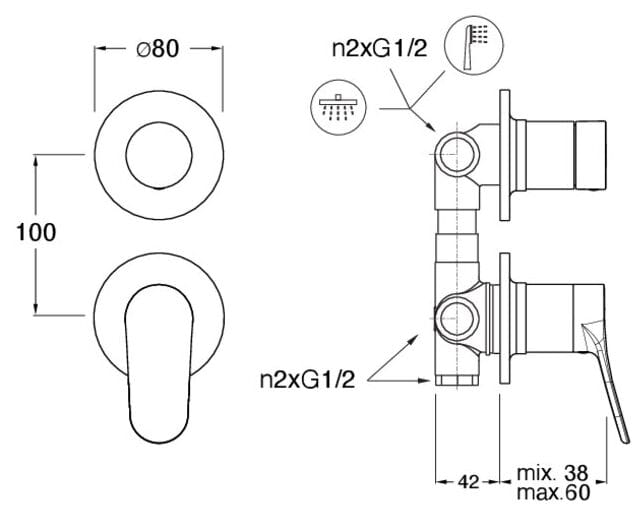 Однорычажный смеситель для душа / ванны с 2 отверстиями и переключателем CRISTINA Rubinetterie бочка ARCH-00081492 - Вид №2
