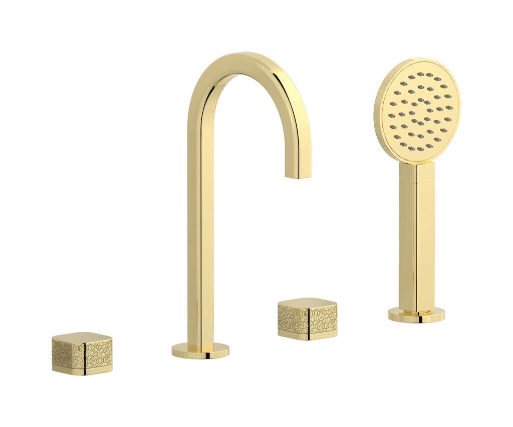 Смеситель на бортик ванной на 4 отверстий с дивертером и душевым гарнитуром. WE ARE IB eo396ii_2 Pale Gold Elio