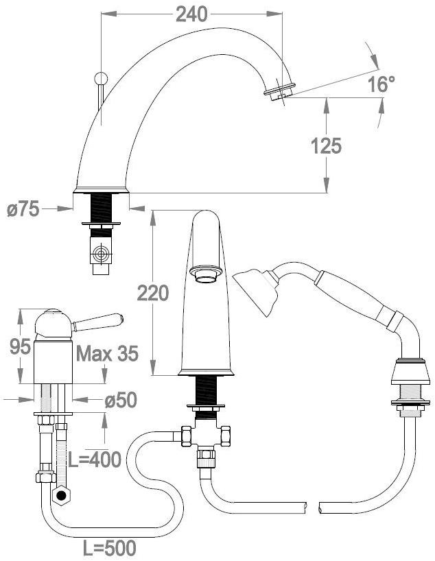 Fir Italia Комплект для ванны на 3 отверстия с ручным душем Melrose 71 sun-id-1417776 - Вид №4