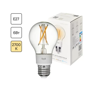 Лампа умная светодиодная Yeelight YLDP12YL E27 220-240 В 6 Вт груша прозрачная 700 лм, теплый белый свет, для диммера