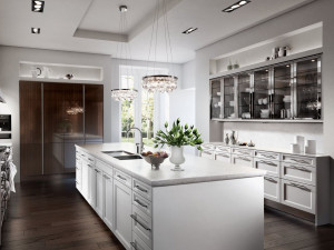 Лакированная островная кухня с зоной колонн из лакированного черного дерева