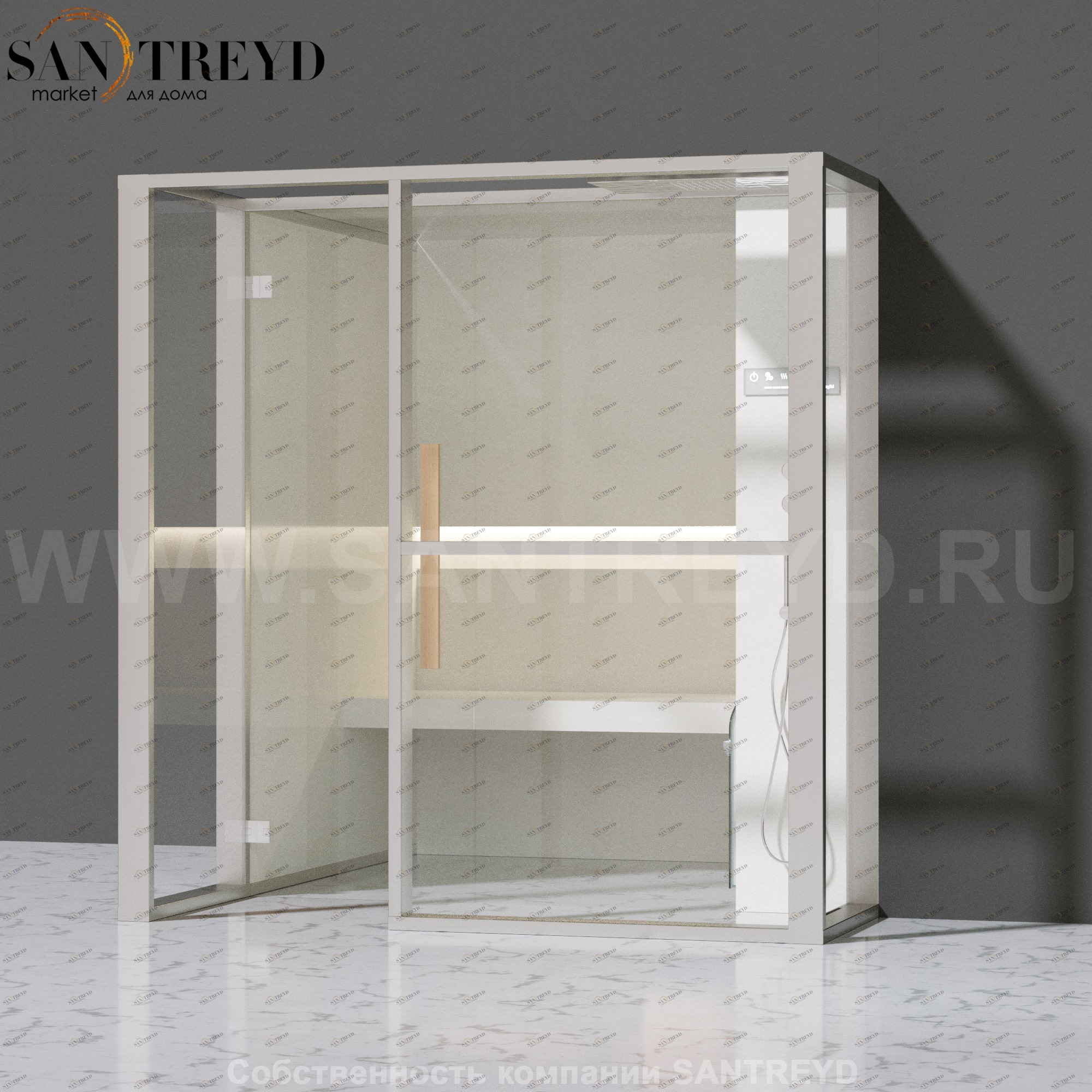 Effegibi LOGICAFILO H LO31020015 Хаммам. Установка: в правый  полуугол. Правая дверь. Мощность: 4,5 кВт макс. Размеры: длина 214 см, ширина 250 см. Отделка: матовый лакированный белый аллюминий и серый ламинат из керамогранита.