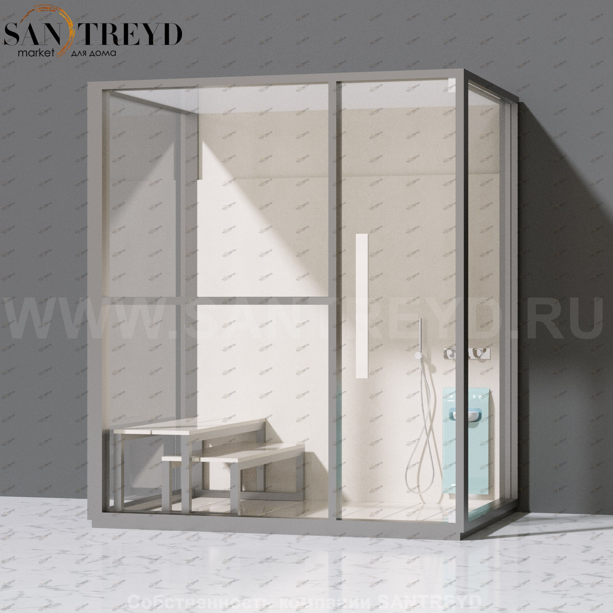 Effegibi H LARGE LO80010002 Комбинированная баня: хаммам и душ. Установка: к стене. Левая дверь. Мощность: 4,5 кВт макс. Размеры: длина 173 см, ширина 102 см. Отделка: матовый лакированный серый аллюминий и бежевый ламинат из керамогранита.