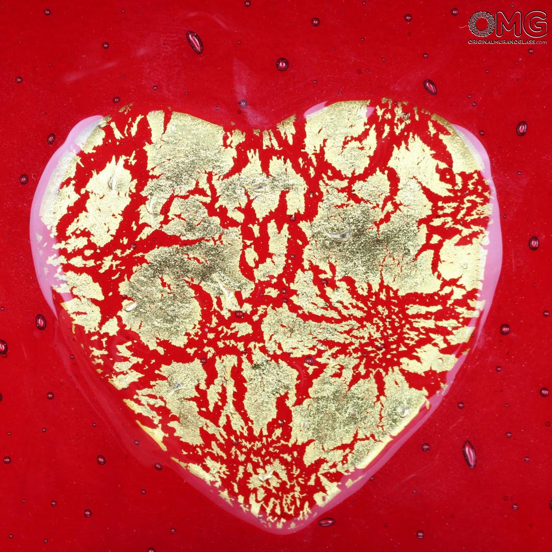 3066 ORIGINALMURANOGLASS Декоративное блюдце Золотое сердце - красное - Original Murano Glass OMG 15 см  - Вид №1