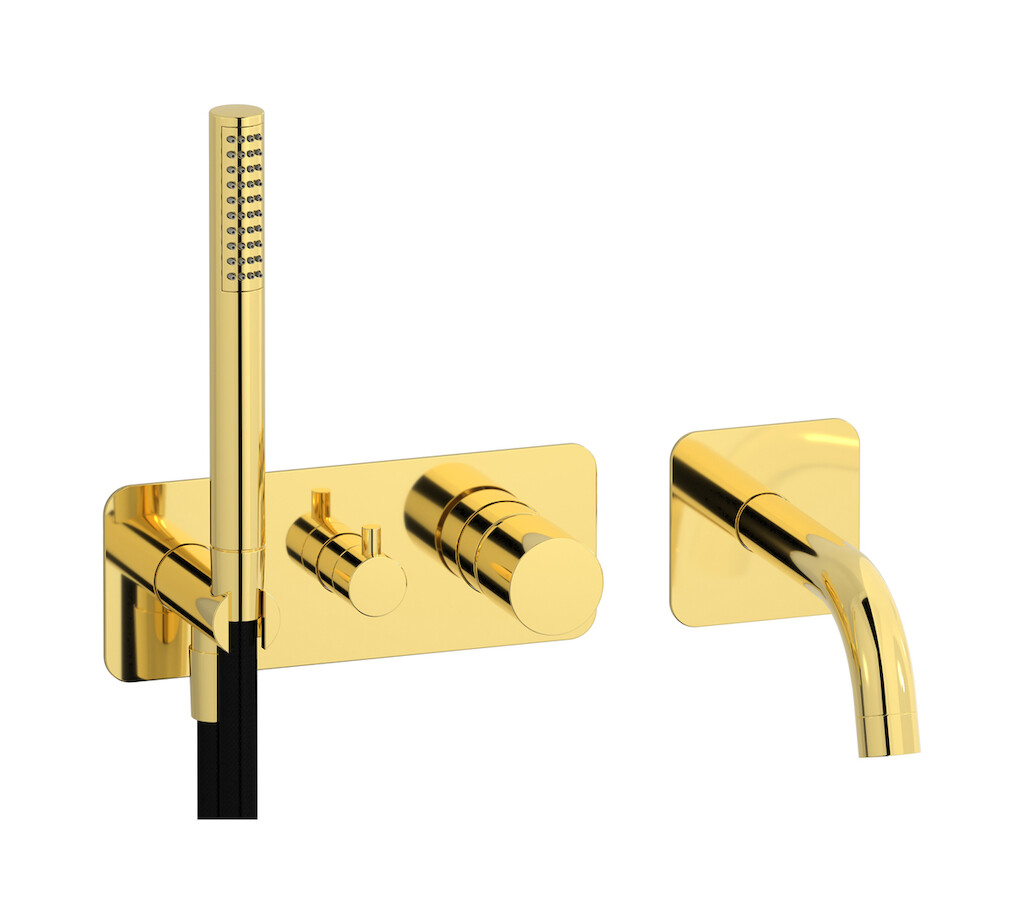 Настенный смеситель для ванной на с дивертером и душевым гарнитуром. WE ARE IB rr398oo Gold Brera