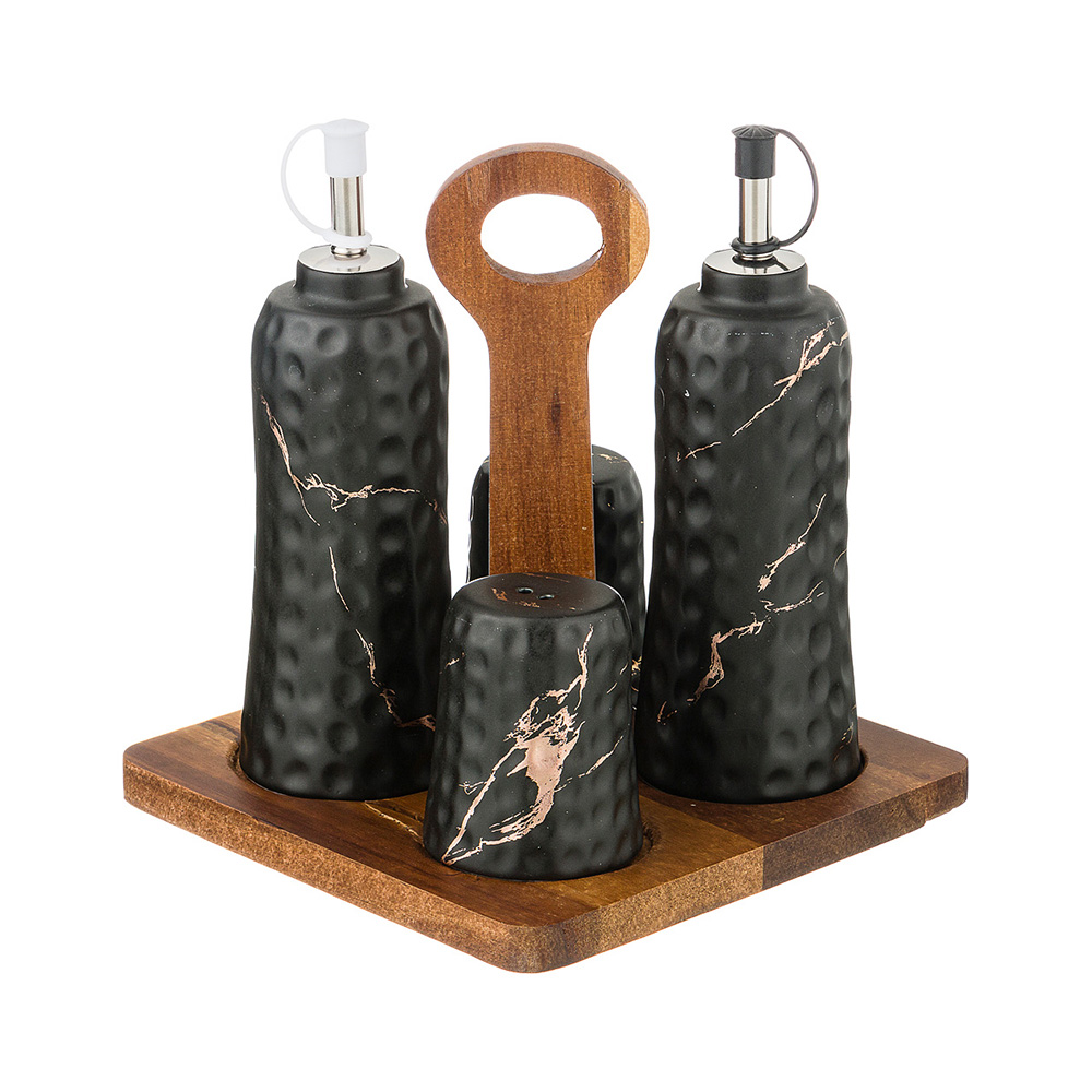 412-118 Посуда фарфоровая Набор для специй 4 предмета на деревянной подставке коллекция золотой мрамор Lefard 