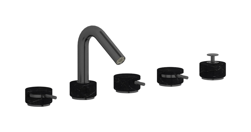 Смеситель на бортик ванной на 5 отверстий с дивертером и душевым гарнитуром. WE ARE IB mr396cs_2 Brushed Black Chrome Marmo