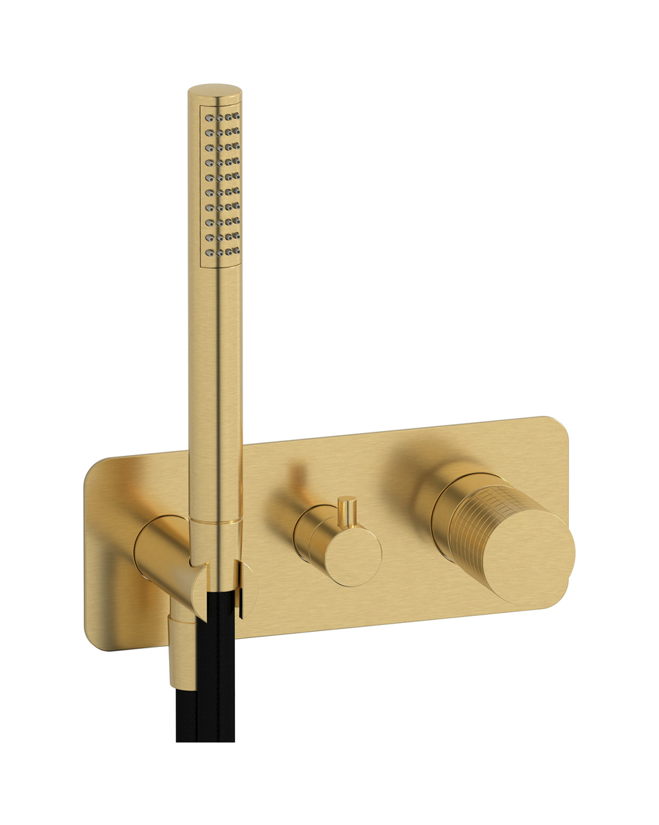 Внешние части встроенного в стену смесителя на 2 потребителя в комплекте с душевым гарнитуром. WE ARE IB ga313os Brushed Gold Gatsby