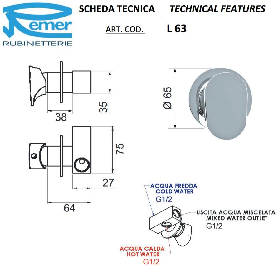Remer Rubinetterie Встроенный смеситель для отключения Class line L 63 - Вид №1