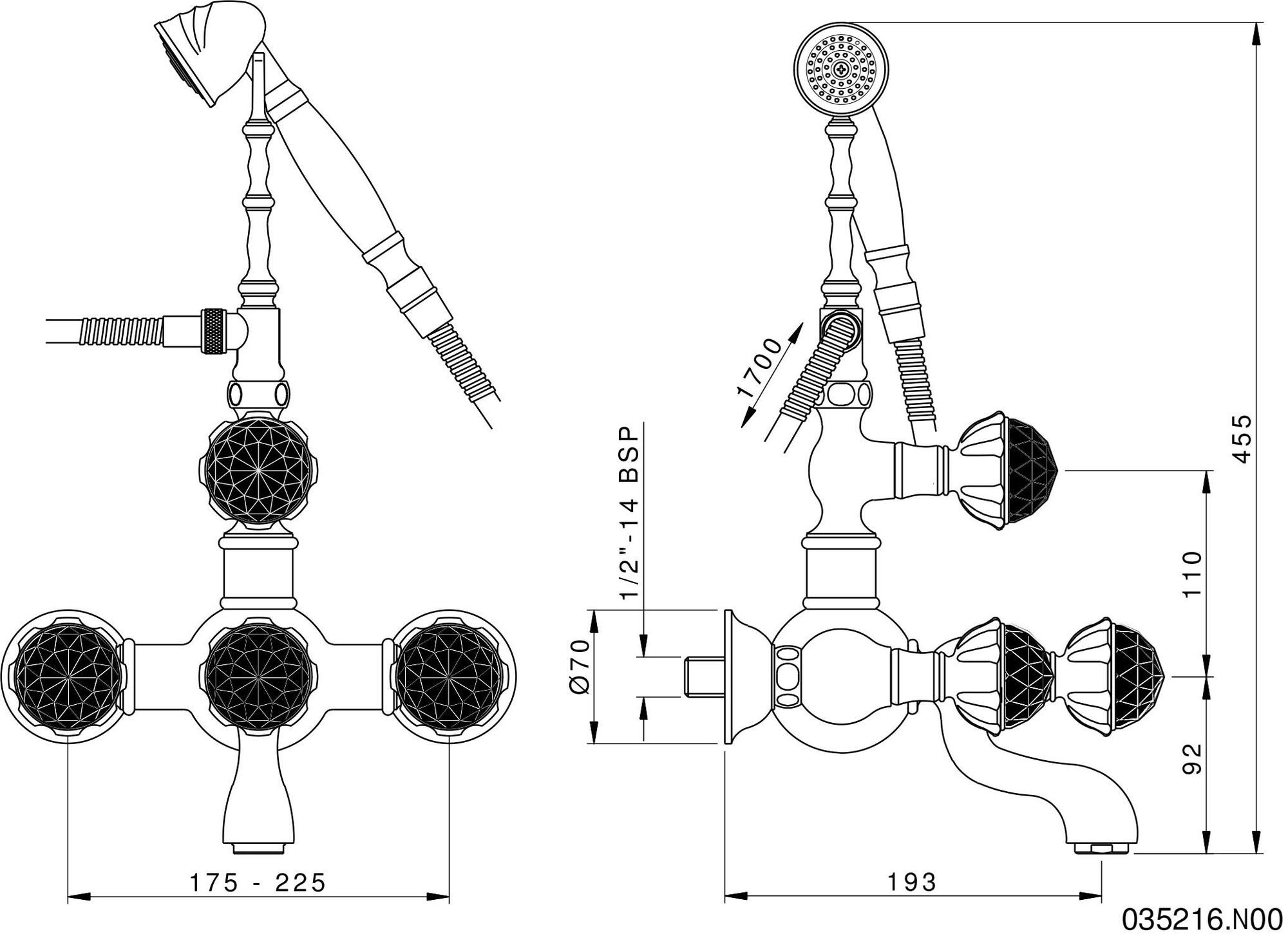Bronces Mestre Настенный смеситель для ванны на 2 отверстия с ручным душем Retro 035216.n00.50 - Вид №1