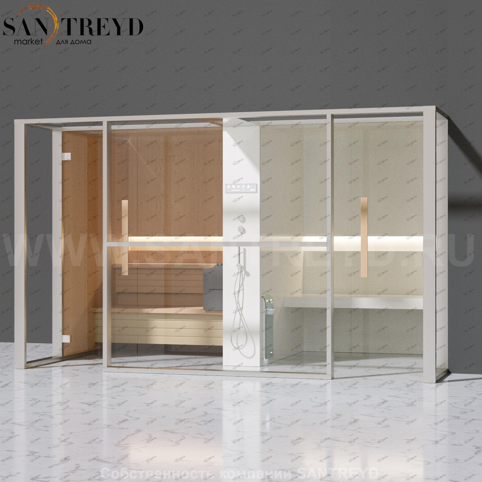 Effegibi LOGICAFILO LO11020005 Комбинированная баня: хаммам и сауна. Установка: в правый  полуугол. Мощность: 10,5 кВт макс. Размеры: длина 373 см, ширина 250 см. Отделка: канадский хемлок, матовый лакированный белый аллюминий и серый ламинат из керамогра