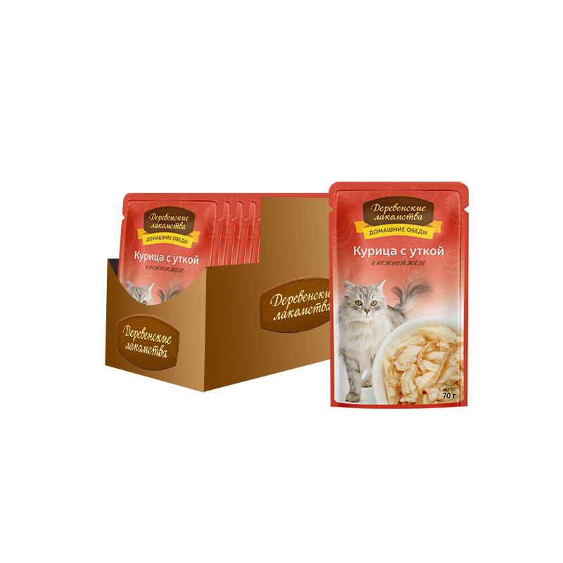 ПР0046898*12 Корм для кошек Курица с уткой в нежном желе пауч 70г (упаковка - 12 шт) ДЕРЕВЕНСКИЕ ЛАКОМСТВА 