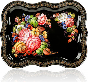 10618054 Жостовская фабрика декоративной росписи Поднос 51х40см НХПР " Каменный букет" Сталь