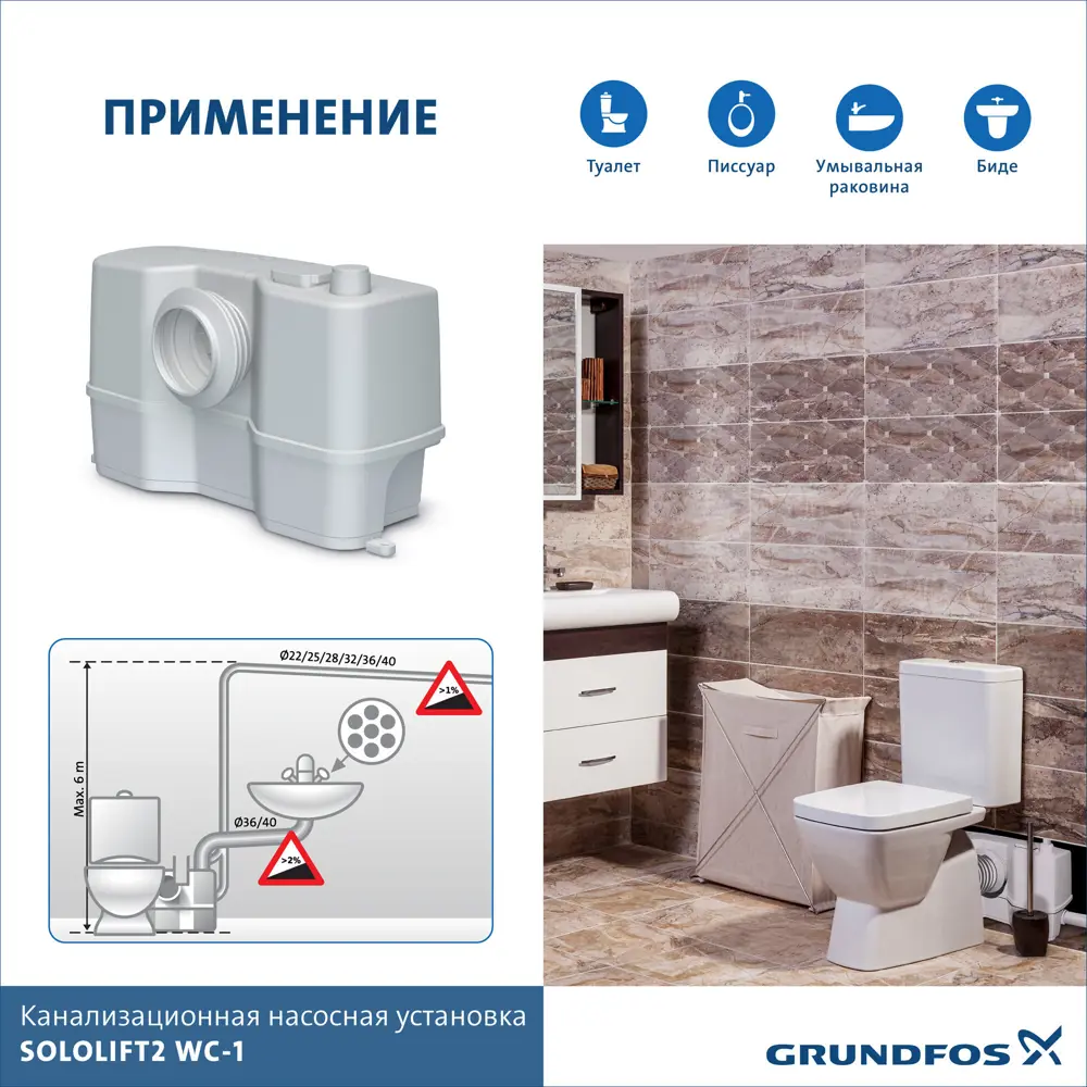 GRUNDFOS Sololift 2 WC-1 — санитарный насос с измельчителем для сточных вод 82165385 STLM-0020866 - Вид №6
