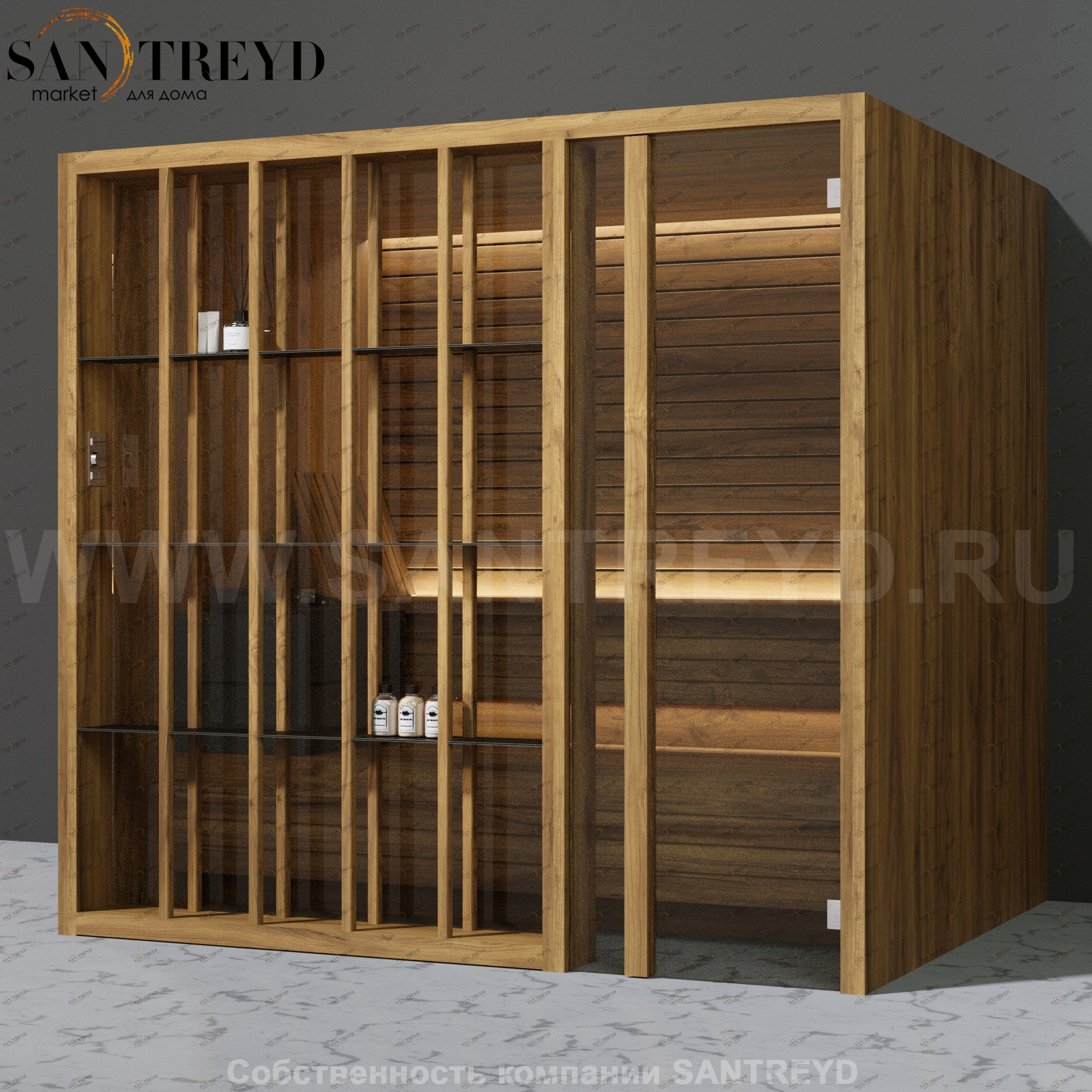 Effegibi YOKU.S105 SA.70100005 Сауна с правой дверью. Мощность: 10,5 кВт макс. Размеры: длина 230 см, ширина 200 см. Отделка: термообработанное дерево SA70100005