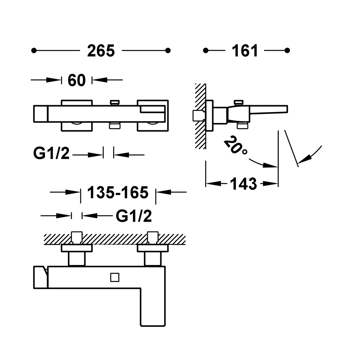 ТОНКИЙ настенный смеситель с одной ручкой для ванны и душа-20217001BL TRES  - Вид №1