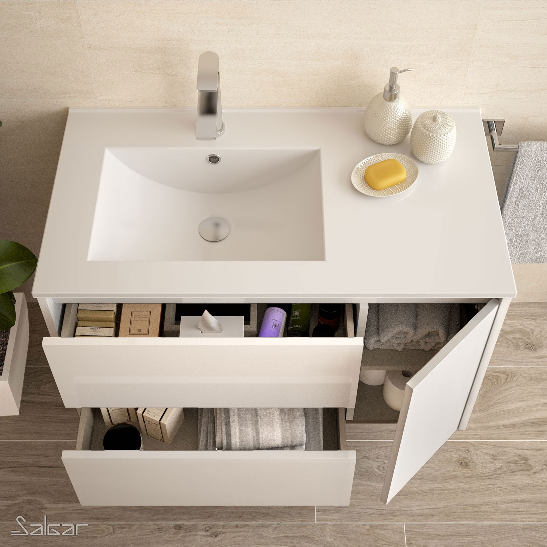 85050 SALGAR Комплект мебели для ванной NOJA 855 WHITE GLOSS LACQUERED + Раковина + Зеркало + Свет Глянцевый белый - Вид №1