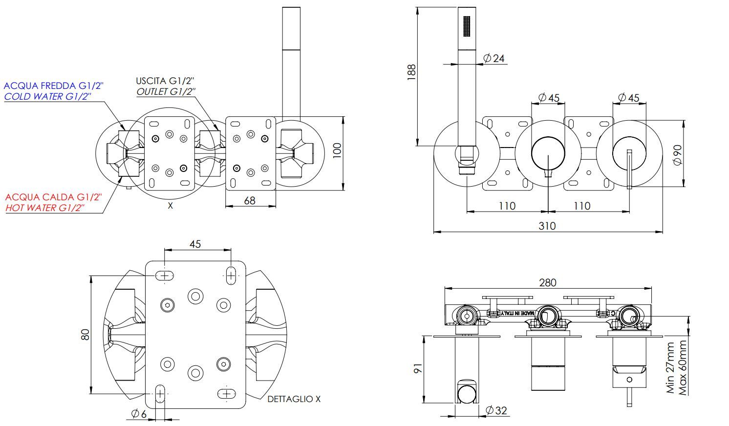 Набор для душа с 3 отверстиями и ручным душем Daniel Rubinetterie Stellar ARCH-00141913 - Вид №1