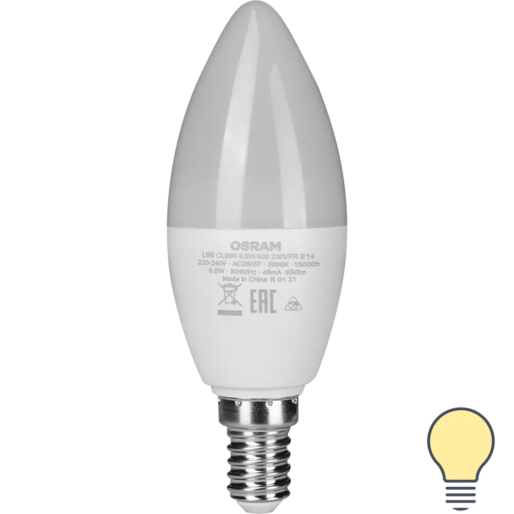 Лампа светодиодная Osram E14 220-240 В 6.5 Вт свеча матовая 550 лм теплый белый свет 85095307 STLM-2198272 