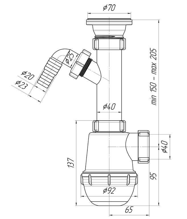 Сифон для кухонных моек АНИ Грот 1 1/2"х40мм с отводом для стиральной машины A1000 АНИ пласт 7231 - Вид №1