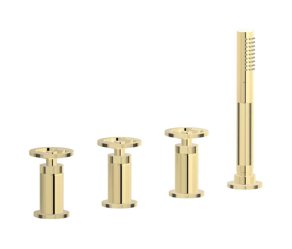 Смеситель на бортик ванной на 4 отверстия с изливом, дивертером и душевым гарнитуром. WE ARE IB b1397ii Pale Gold Bold