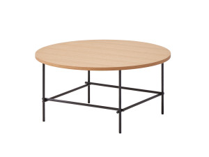 Металлический низкий круглый журнальный столик с деревянной столешницей