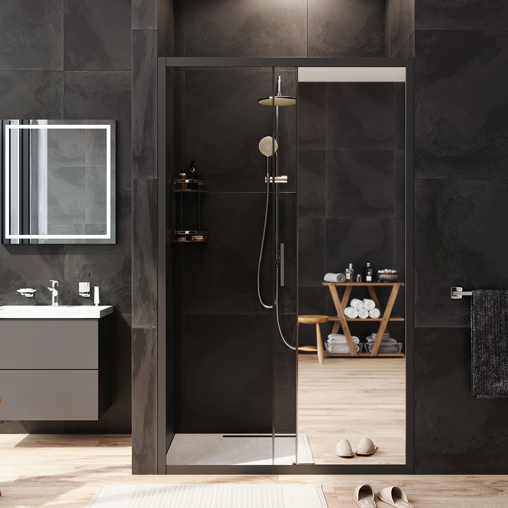 W90G-120-1-195BMir Solo Дверь душевая 120х195 стекло зеркальное профиль черный матовый AM.PM Gem - Вид №2