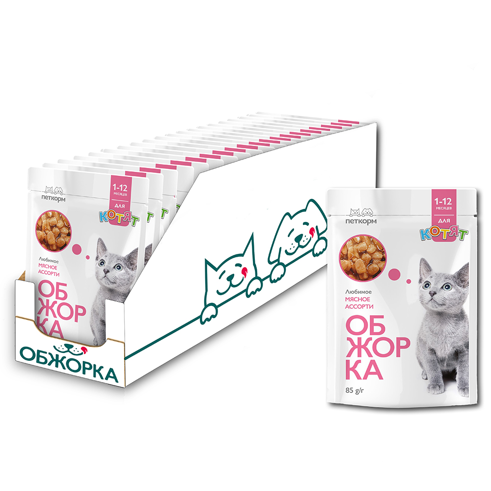 ПР0051894*24 Корм для котят от 1 до 12 мес., кусочки в соусе с мясным ассорти пауч 85г (упаковка - 24 шт) ОБЖОРКА 
