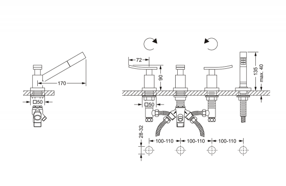 Смеситель для ванны на 4 отверстия ½“, монтаж на борт ванны JOERGER Empire II 628.40.150.000 - Вид №1