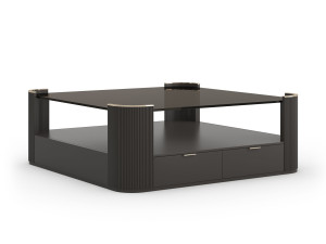 Квадратный деревянный и стеклянный журнальный столик с отсеком для хранения