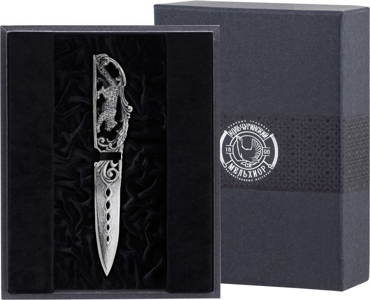 10645405 Кольчугино Нож д/писем "Барс" посеребренный полиров. с черн. +футляр 000000 Посеребрение 