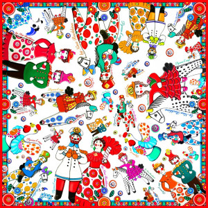 10633879 МД Нины Ручкиной Платок сувенирный "Дымковская игрушка" с ручной подшивкой 90х90см Ткань