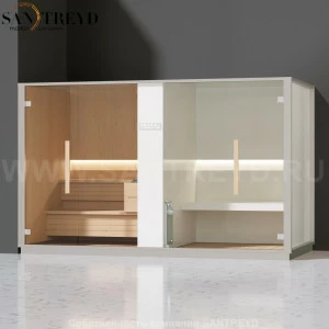 Effegibi LOGICA SH LO40020003 Комбинированная баня: хаммам и сауна. Установка: в левый угол. Мощность: 10,5 кВт макс. Размеры: длина 373 см, ширина 171 см. Отделка: канадский хемлок, матовый лакированный белый аллюминий и серый ламинат из керамогранита.