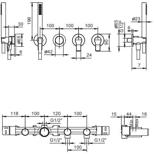 ABOUTWATER Настенный комплект для ванны с ручным душем на 4 отверстия Al/23 Fantini Rubinetti sun-id-1433154 - Вид №1