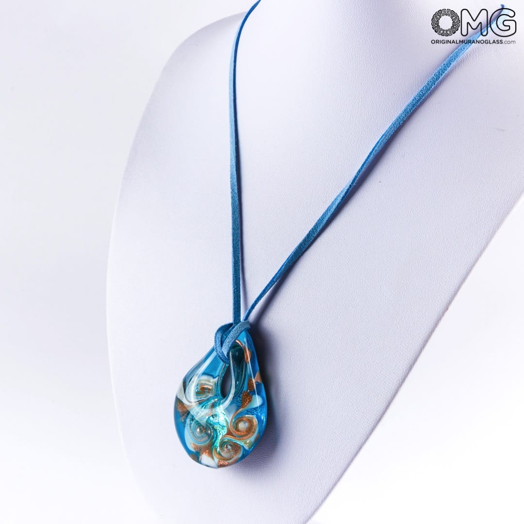 2341 ORIGINALMURANOGLASS Синяя подвеска в виде капли из муранского стекла с авантюрином 57 см  - Вид №1