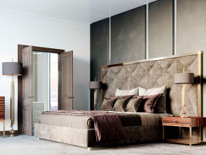 Деревянная двуспальная кровать с мягким изголовьем