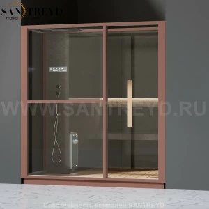 Effegibi LOGICA H LO30030010 Хаммам. Установка: в нишу. Левая дверь. Мощность: 4,5 кВт макс. Размеры: длина 214 см, ширина 250 см. Отделка: матовый лакированный коричневый аллюминий и темный ламинат из керамогранита.