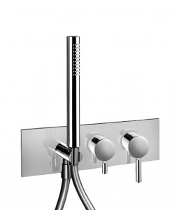 E884B+R084A  Встраиваемый смеситель для душаручки переключатель на 2 потока с поворотной кнопкой ручная лейка FIT шланговое подсоединение с держателем для ручной лейки гибкий шланг 150 см ПВХ впуски 1/2'' Fantini Rubinetti NOSTROMO НЕРЖАВЕЮЩАЯ СТАЛЬ