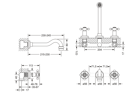 Смеситель для раковины на 3 отверстия ½", настенный монтаж, внешняя часть JOERGER Delphi 109.30.360.000 - Вид №1
