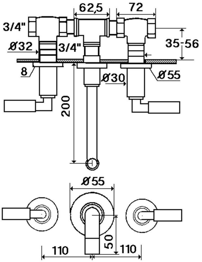 rvb Смеситель для умывальника настенный на 3 отверстия Cliff 4091.--.50 - Вид №1