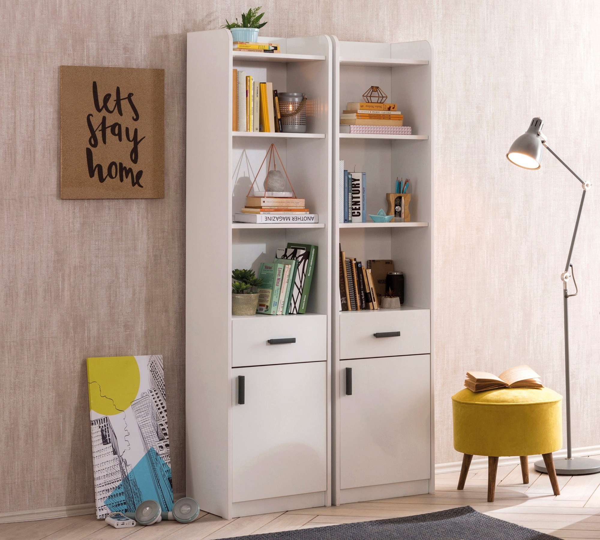 Стеллаж для книг белый узкий с дверцей и ящиком White CILEK WHITE 00-3832186 Белый Santreyd  - Вид №2