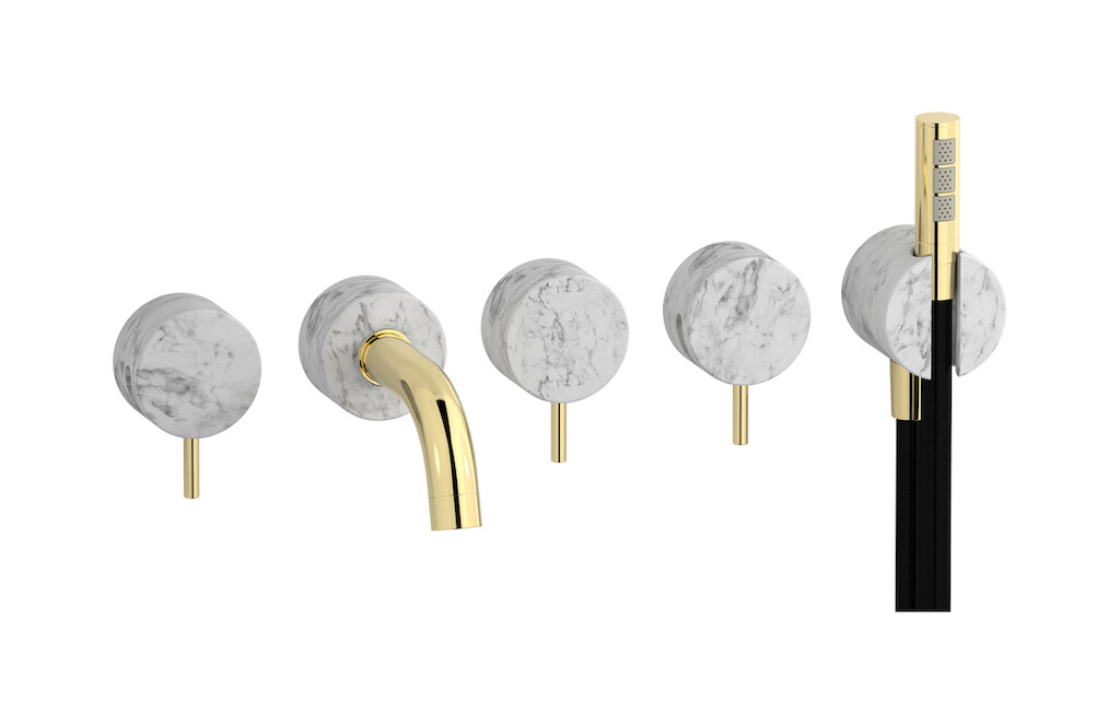 Настенный смеситель для ванной на 5 отверстий с дивертером и душевым гарнитуром. WE ARE IB mr398ii_1 Pale Gold Marmo