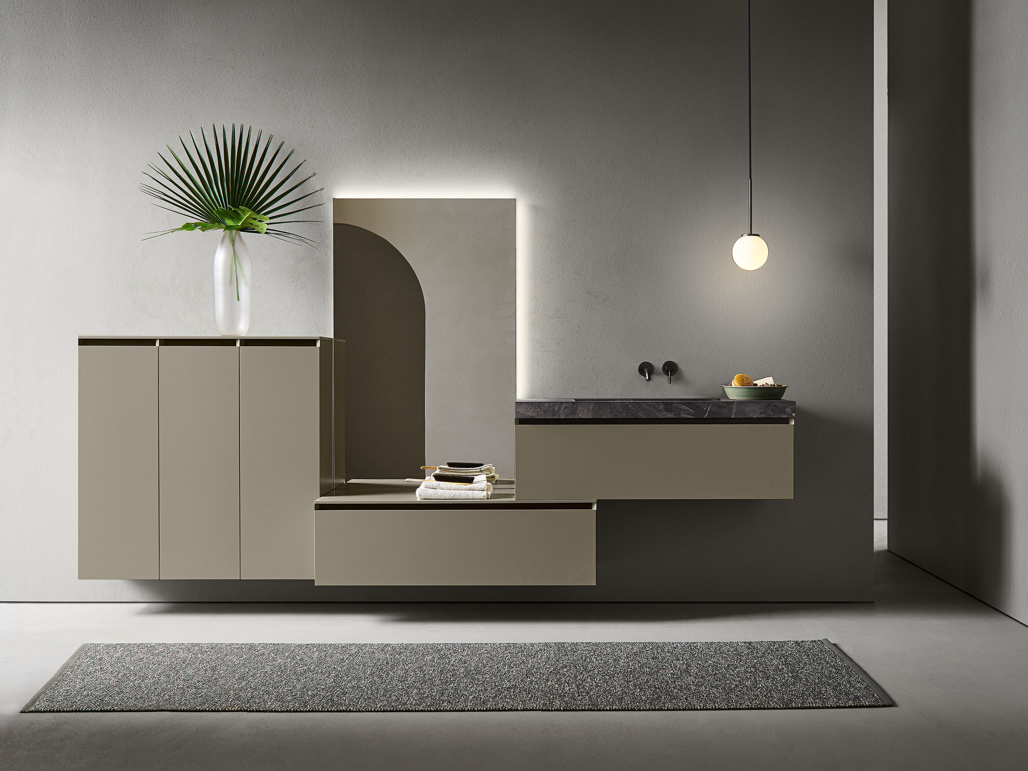 Состав ванной комнаты с подвесным умывальником, дверцами, ящиками и зеркалом Pirovano Flamingo ARCH-00017082 - Вид №1