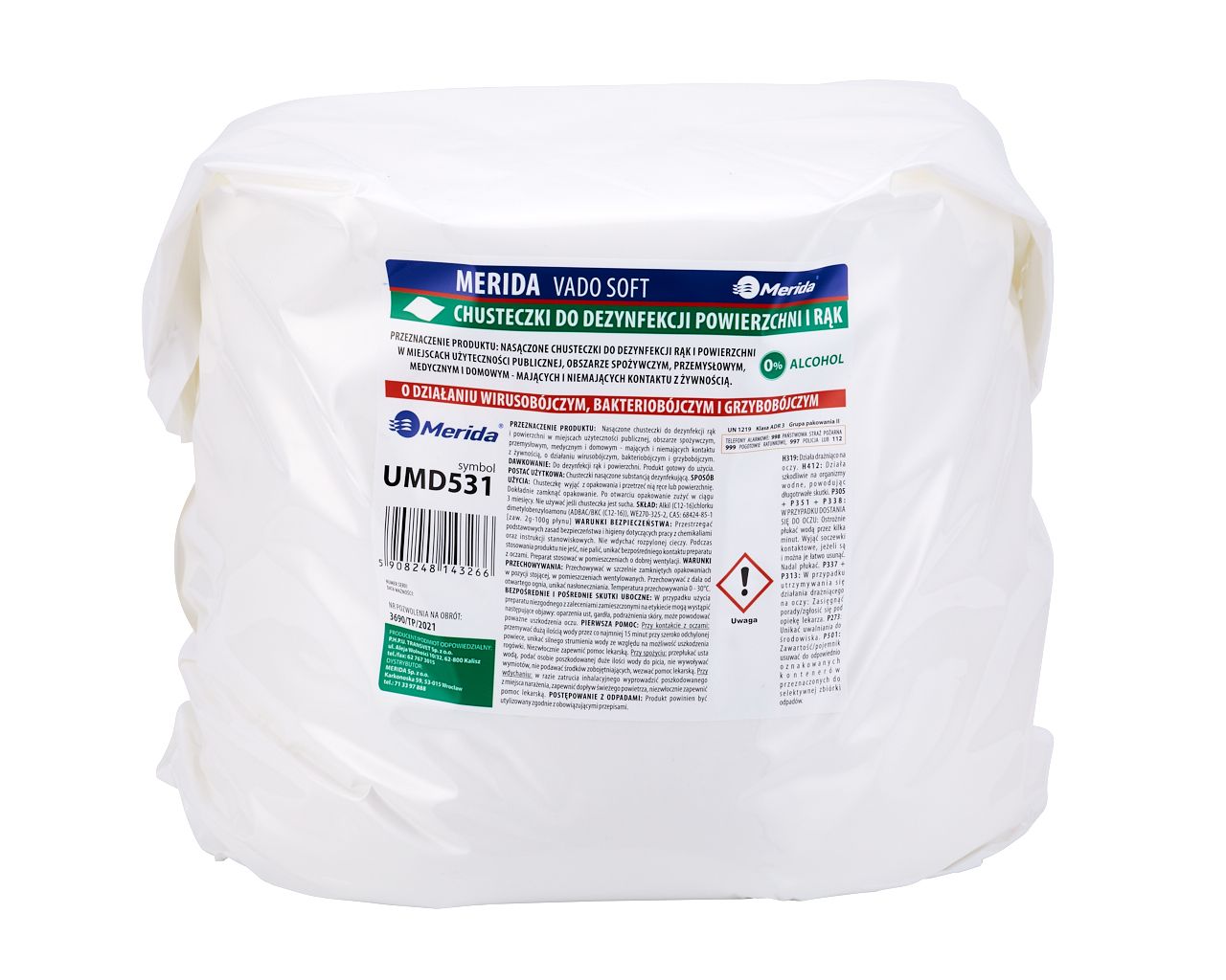 UMD531 Салфетки для дезинфекции рук и поверхностей VADO SOFT без содержания спирта, сменный блок для ведра 10 л, рулон 122,36 м, 322 листа Merida 