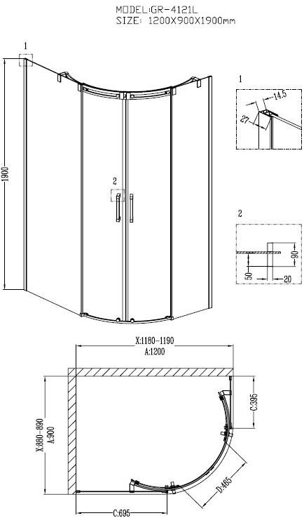 Душевое ограждение GROSSMAN GR-4121L Galaxy 120*90*190 двери раздвижные - Вид №1