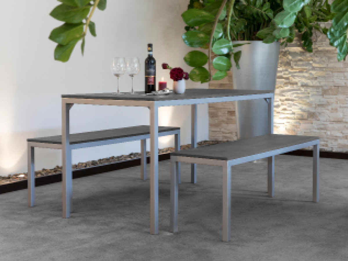 60.00.0365 Обеденный набор Dice - 2 скамейки и 1 стол - алюминиевая рама - тарелки Resysta Mbm - Вид №1