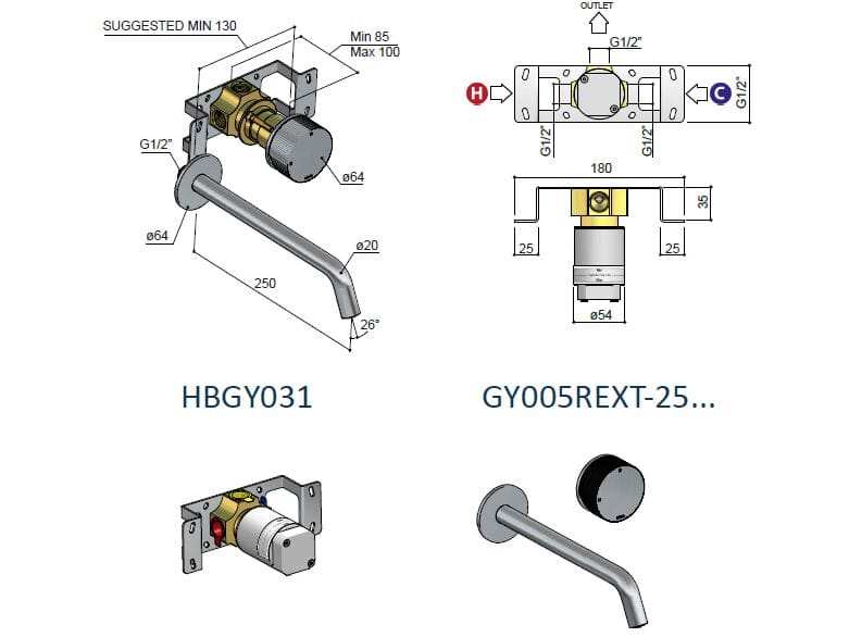 Латунный смеситель для раковины с 2 отверстиями Hotbath Guy ARCH-00001119