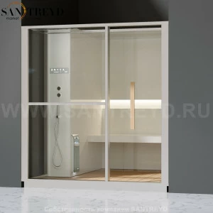 Effegibi LOGICA H LO30020010 Хаммам. Установка: в нишу. Левая дверь. Мощность: 4,5 кВт макс. Размеры: длина 214 см, ширина 250 см. Отделка: матовый лакированный белый аллюминий и серый ламинат из керамогранита.