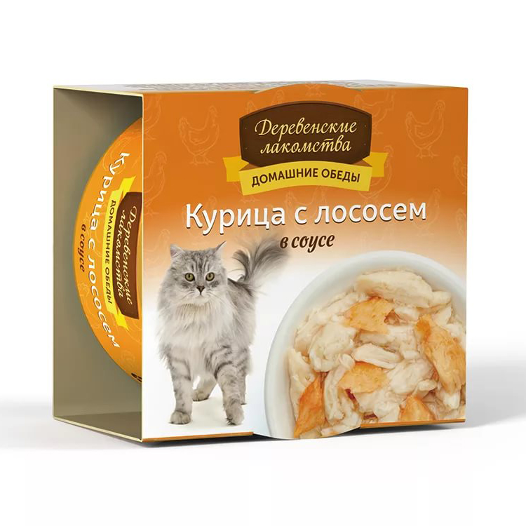 ПР0046893*24 Корм для кошек Курица с лососем в соусе конс. ж/б 80г (упаковка - 24 шт) ДЕРЕВЕНСКИЕ ЛАКОМСТВА 